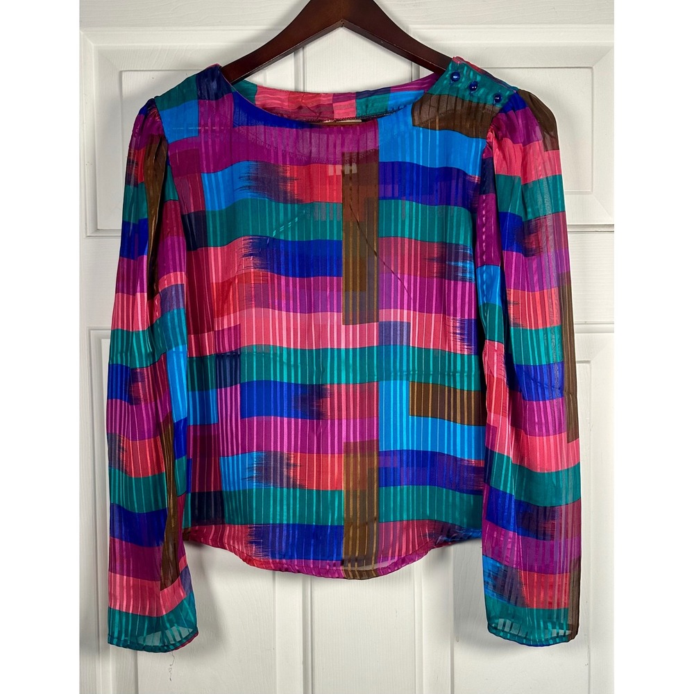 Vintage Eber San Francisco Womens Jewel Tone Geometric Sheer Blouse‎ Sz M
